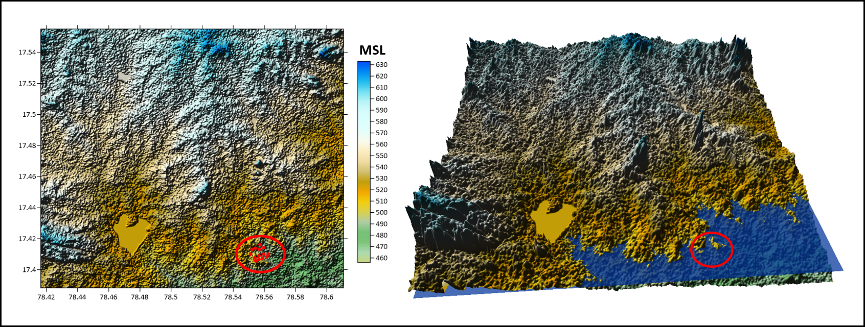 Left Figure - 2D Digital Elevation Model (DEM) of Hyderabad. Right figure - 3D gradient map of DEM. Red circles indicates the location of the study area 